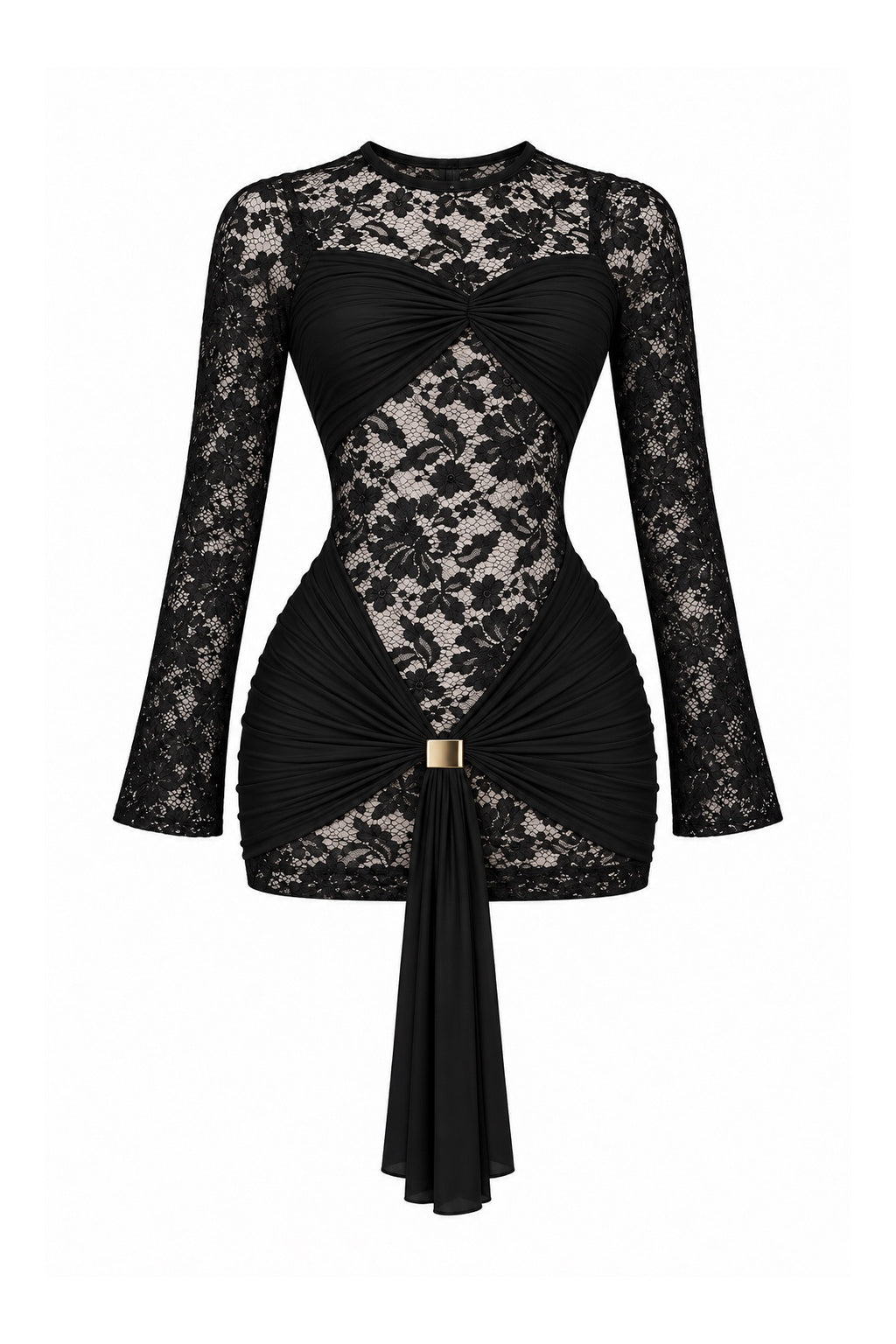 Vestido encaje drapeado manga larga