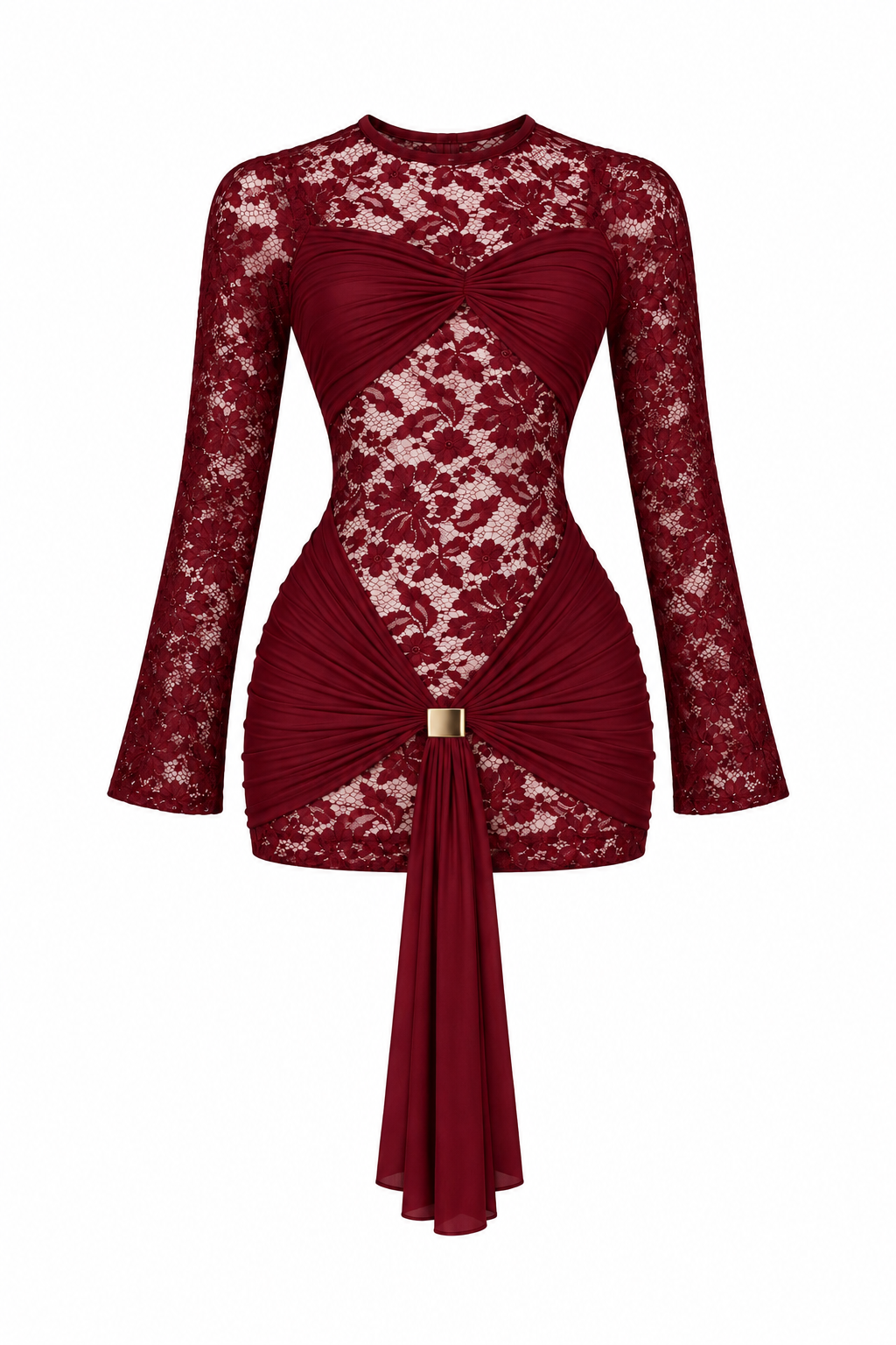 Vestido encaje drapeado manga larga