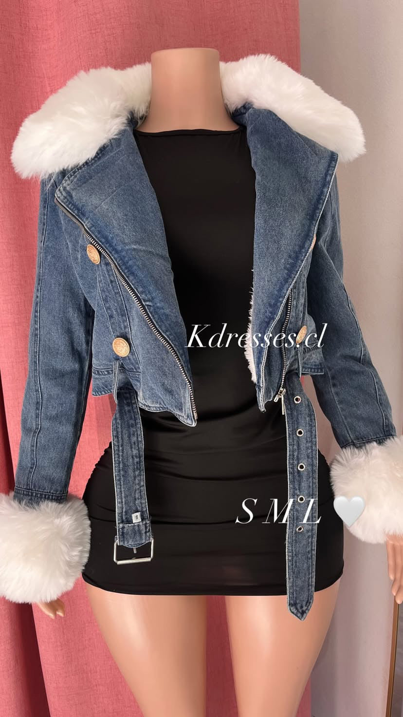 chaqueta denim pompon