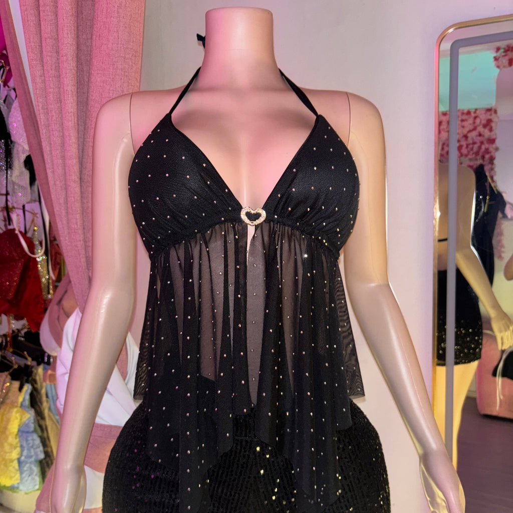 Top escote flecos brillos